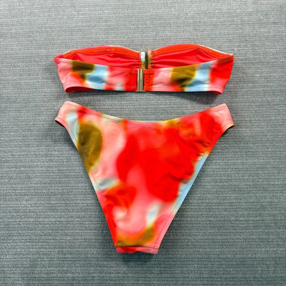 Solid & Striped The Tati Bikini Top Bottom Blur Print Tie Dye Strapless Beach